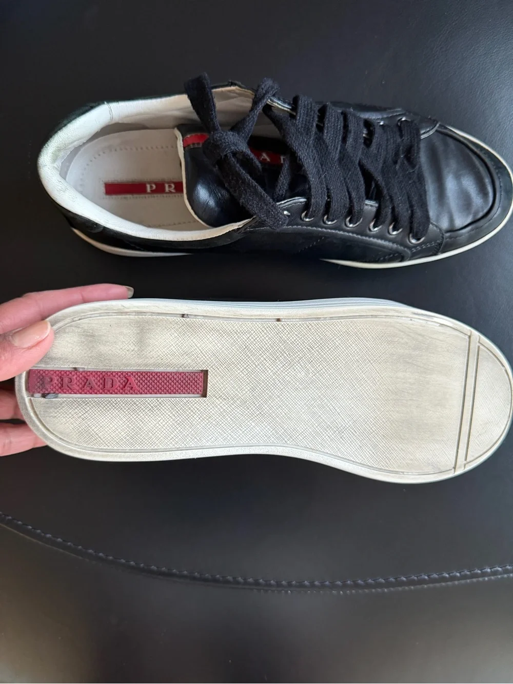 Prada Black Leather Low-Top Sneakers with White Trim